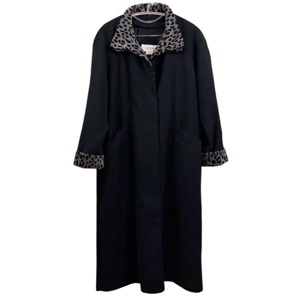 Vtg Rainshedder Leopard Print Trim Buttoned Trench Coat Jacket Black Gray Size 8